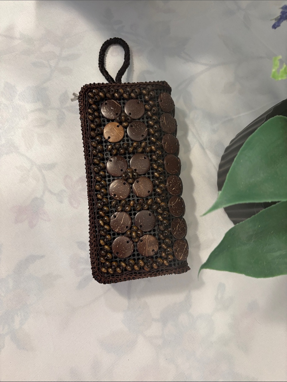 Brown Coconut Shell Beaded Double-Zip Wallet Wristlet - Picture 2 of 5